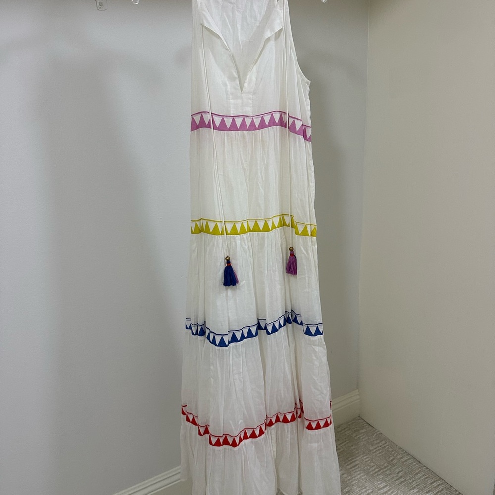 Oliphant White Maxi Dress with Colorful Triangle Trim and Tassels